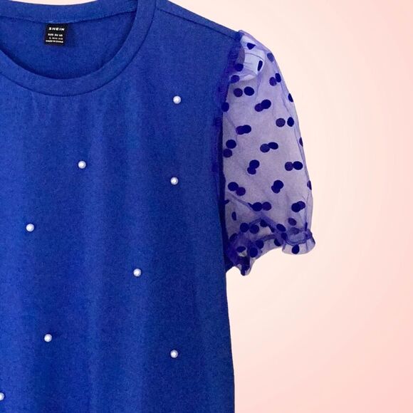 SHEIN NEW POLKA DOT MESH PUFF SLEEVE BLOUSE TOP ROYAL BLUE SIZE 8/10 MEDIUM - Picture 3 of 8